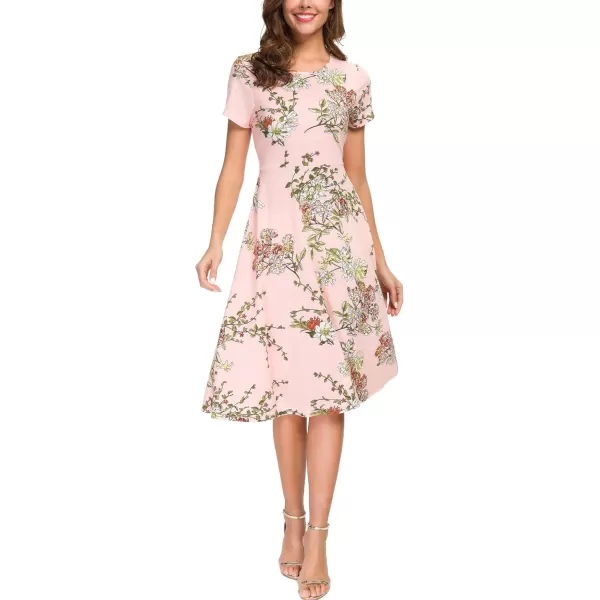 Urban CoCo Womens Floral Print Short Sleeve Flared Midi DressPink