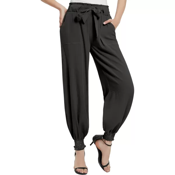 Urban CoCo Womens Paper Bag High Waist Belted Ruffle Work Pants with PocketsBlack