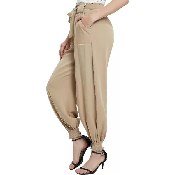 Urban CoCo Womens Paper Bag High Waist Belted Ruffle Work Pants with PocketsKhaki