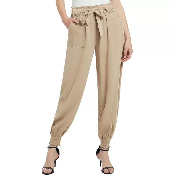 Urban CoCo Womens Paper Bag High Waist Belted Ruffle Work Pants with PocketsKhaki