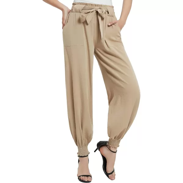 Urban CoCo Womens Paper Bag High Waist Belted Ruffle Work Pants with PocketsKhaki