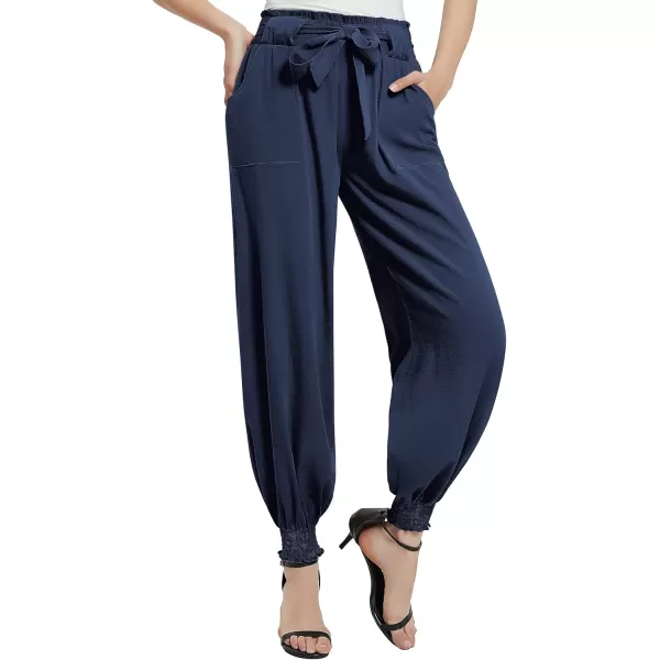 Urban CoCo Womens Paper Bag High Waist Belted Ruffle Work Pants with PocketsNavy Blue