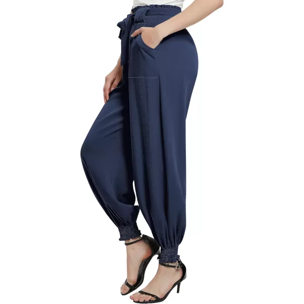 Urban CoCo Womens Paper Bag High Waist Belted Ruffle Work Pants with PocketsNavy Blue