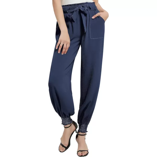 Urban CoCo Womens Paper Bag High Waist Belted Ruffle Work Pants with PocketsNavy Blue