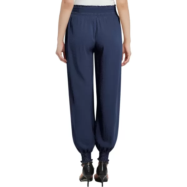 Urban CoCo Womens Paper Bag High Waist Belted Ruffle Work Pants with PocketsNavy Blue