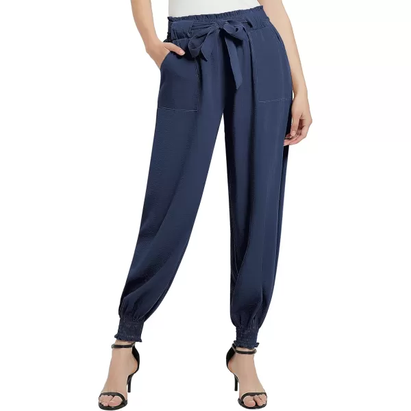 Urban CoCo Womens Paper Bag High Waist Belted Ruffle Work Pants with PocketsNavy Blue