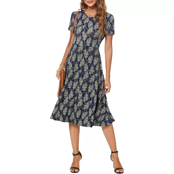 Urban CoCo Womens Vintage Short Sleeve High Waist Flared Midi Casual Summer Dress17