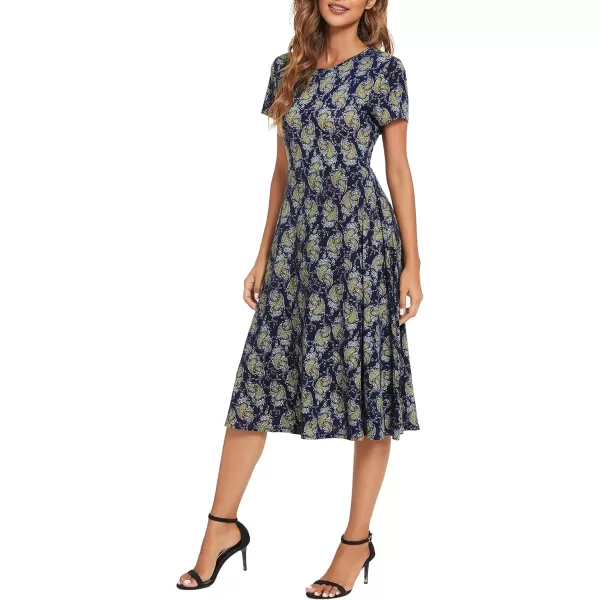 Urban CoCo Womens Vintage Short Sleeve High Waist Flared Midi Casual Summer Dress17