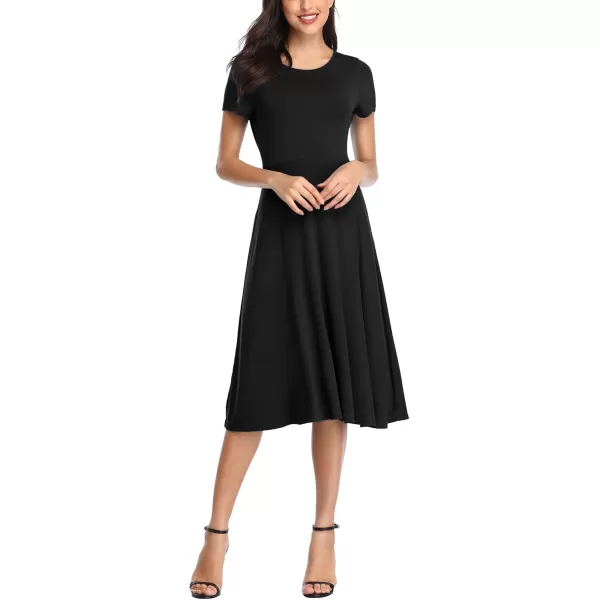 Urban CoCo Womens Vintage Short Sleeve High Waist Flared Midi Casual Summer DressBlack
