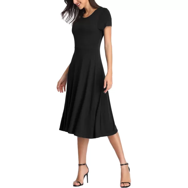 Urban CoCo Womens Vintage Short Sleeve High Waist Flared Midi Casual Summer DressBlack