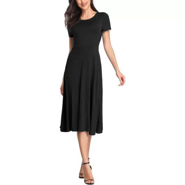Urban CoCo Womens Vintage Short Sleeve High Waist Flared Midi Casual Summer DressBlack