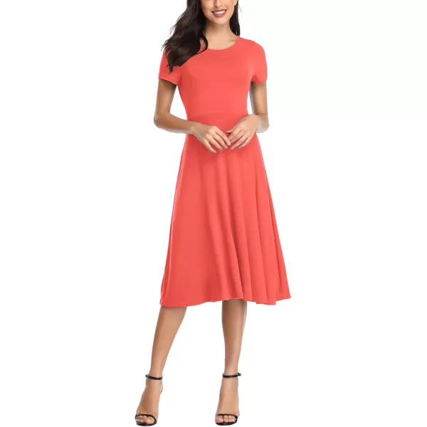 Urban CoCo Womens Vintage Short Sleeve High Waist Flared Midi Casual Summer DressCoral