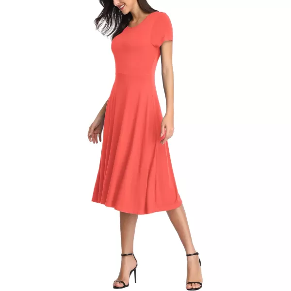 Urban CoCo Womens Vintage Short Sleeve High Waist Flared Midi Casual Summer DressCoral