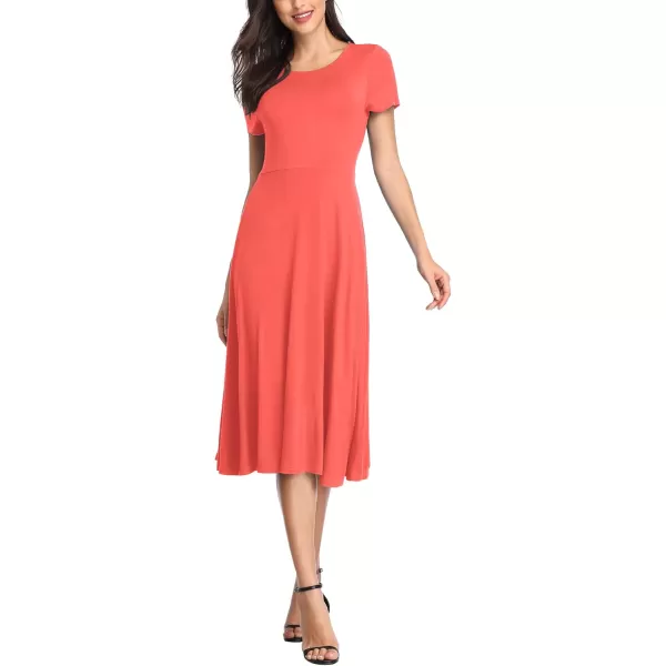 Urban CoCo Womens Vintage Short Sleeve High Waist Flared Midi Casual Summer DressCoral