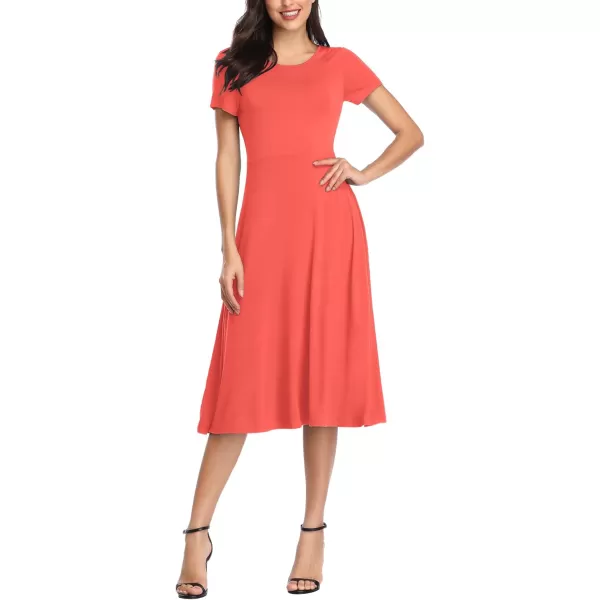 Urban CoCo Womens Vintage Short Sleeve High Waist Flared Midi Casual Summer DressCoral