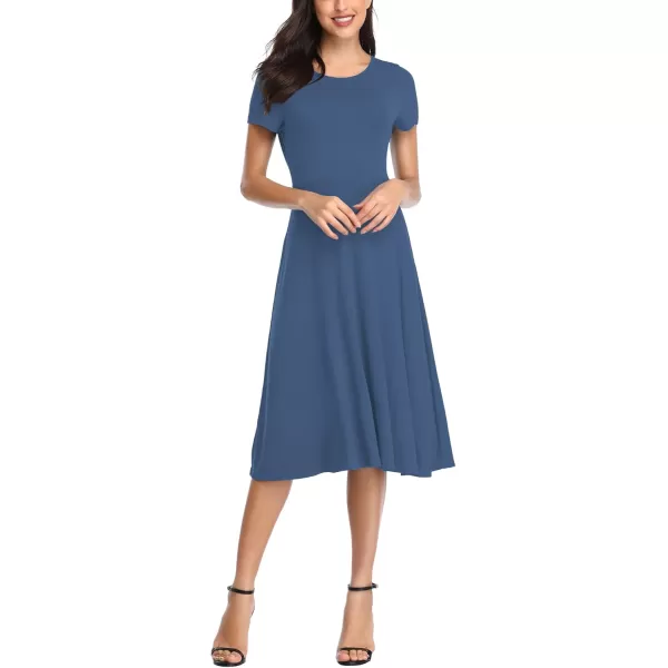 Urban CoCo Womens Vintage Short Sleeve High Waist Flared Midi Casual Summer DressIndigo Blue
