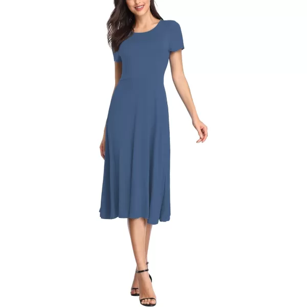 Urban CoCo Womens Vintage Short Sleeve High Waist Flared Midi Casual Summer DressIndigo Blue