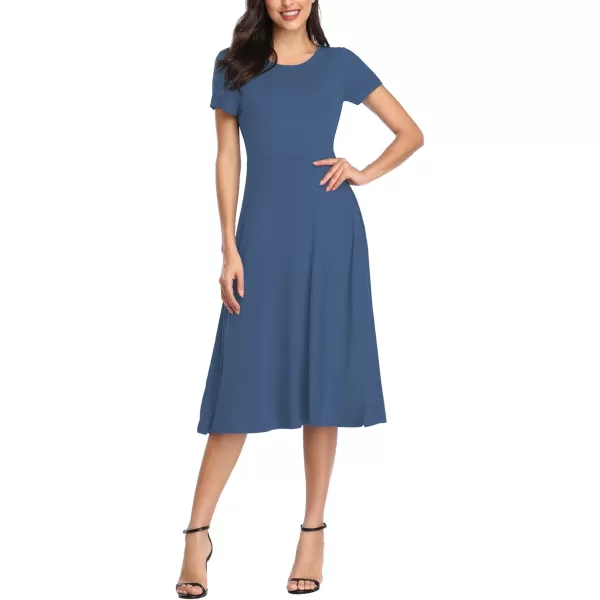 Urban CoCo Womens Vintage Short Sleeve High Waist Flared Midi Casual Summer DressIndigo Blue