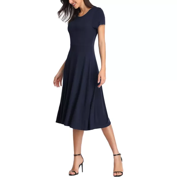 Urban CoCo Womens Vintage Short Sleeve High Waist Flared Midi Casual Summer DressNavy Blue