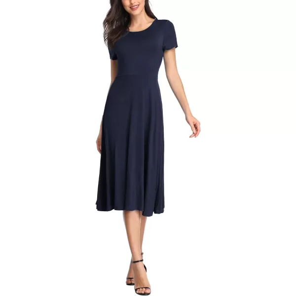 Urban CoCo Womens Vintage Short Sleeve High Waist Flared Midi Casual Summer DressNavy Blue