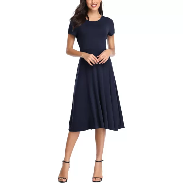 Urban CoCo Womens Vintage Short Sleeve High Waist Flared Midi Casual Summer DressNavy Blue