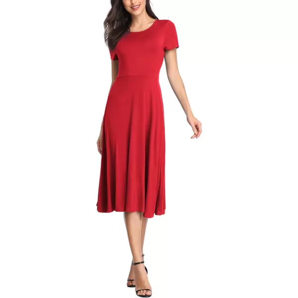 Urban CoCo Womens Vintage Short Sleeve High Waist Flared Midi Casual Summer DressRed
