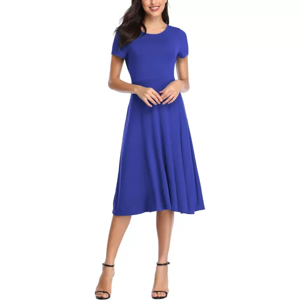 Urban CoCo Womens Vintage Short Sleeve High Waist Flared Midi Casual Summer DressRoyal Blue