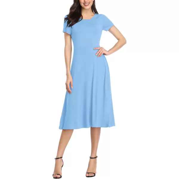 Urban CoCo Womens Vintage Short Sleeve High Waist Flared Midi Casual Summer DressSerenity Blue
