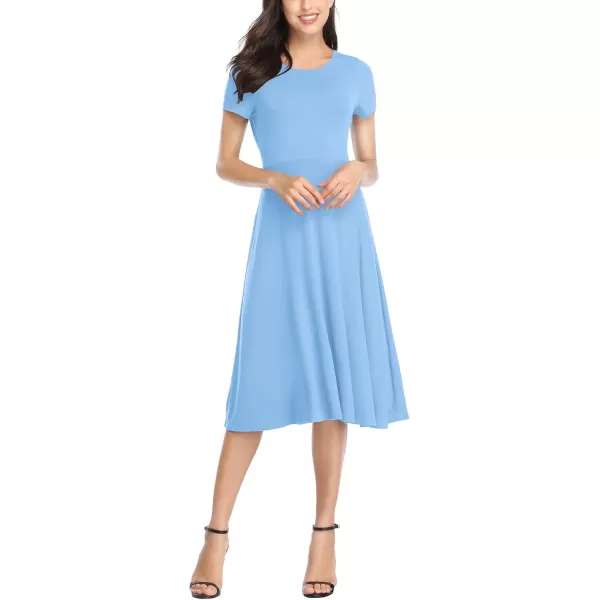 Urban CoCo Womens Vintage Short Sleeve High Waist Flared Midi Casual Summer DressSerenity Blue