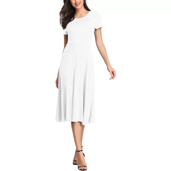 Urban CoCo Womens Vintage Short Sleeve High Waist Flared Midi Casual Summer DressWhite