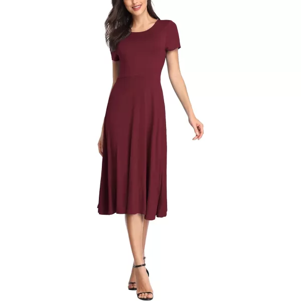 Urban CoCo Womens Vintage Short Sleeve High Waist Flared Midi Casual Summer DressWine Red