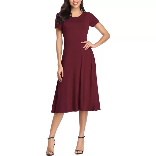 Urban CoCo Womens Vintage Short Sleeve High Waist Flared Midi Casual Summer DressWine Red