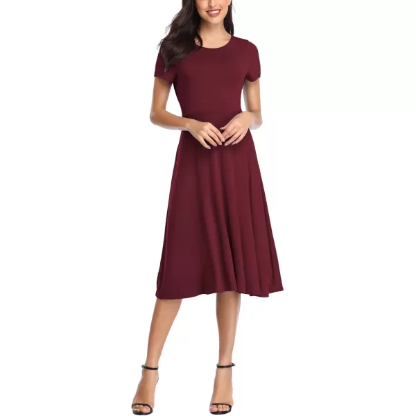Urban CoCo Womens Vintage Short Sleeve High Waist Flared Midi Casual Summer DressWine Red