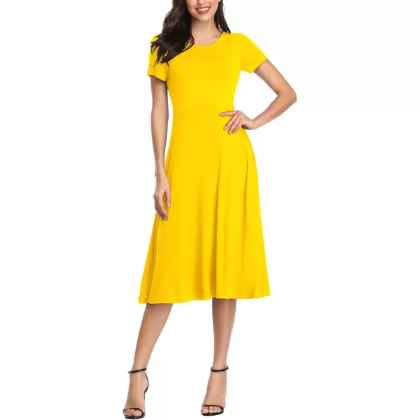 Urban CoCo Womens Vintage Short Sleeve High Waist Flared Midi Casual Summer DressYellow