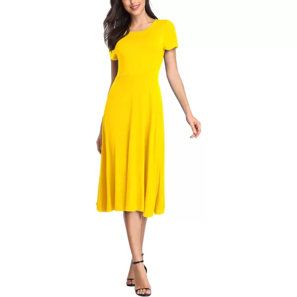Urban CoCo Womens Vintage Short Sleeve High Waist Flared Midi Casual Summer DressYellow