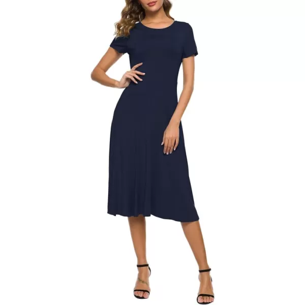 Urban CoCo Womens Floral Print Short Sleeve Flared Midi DressNavy Blue
