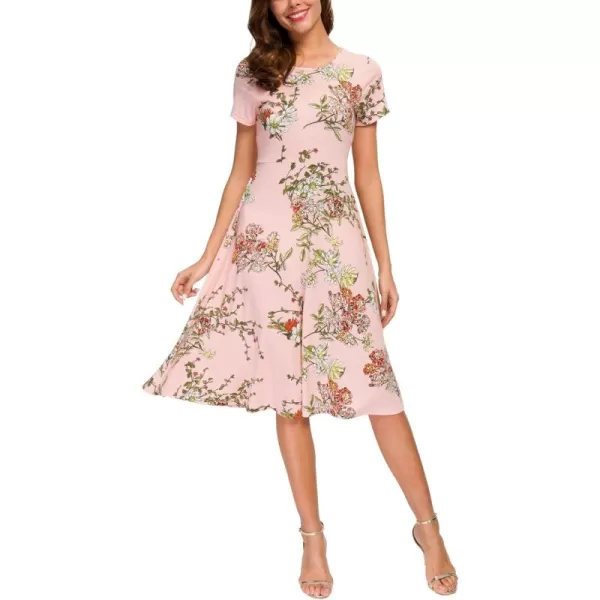 Urban CoCo Womens Floral Print Short Sleeve Flared Midi DressPink