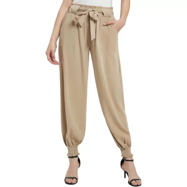 Urban CoCo Womens Paper Bag High Waist Belted Ruffle Work Pants with PocketsKhaki