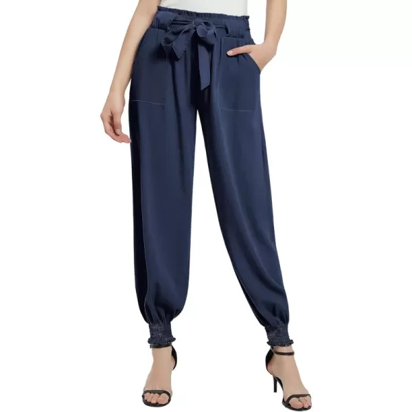 Urban CoCo Womens Paper Bag High Waist Belted Ruffle Work Pants with PocketsNavy Blue