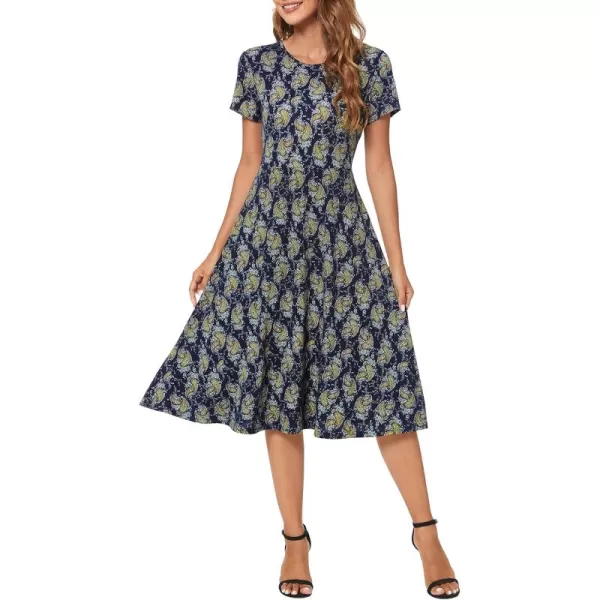 Urban CoCo Womens Vintage Short Sleeve High Waist Flared Midi Casual Summer Dress17