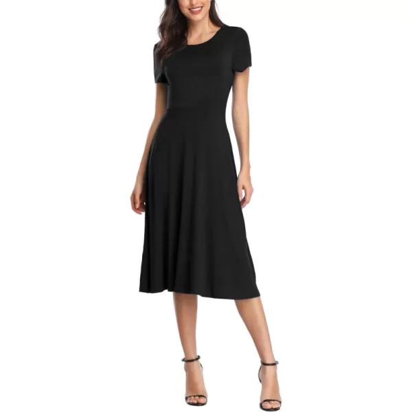 Urban CoCo Womens Vintage Short Sleeve High Waist Flared Midi Casual Summer DressBlack