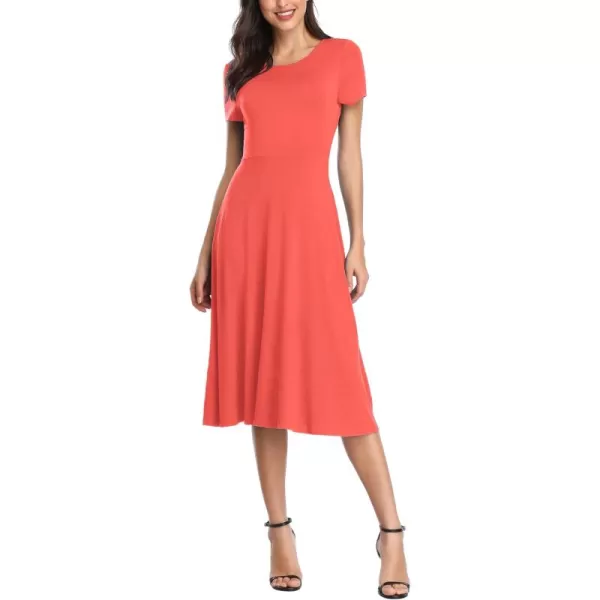 Urban CoCo Womens Vintage Short Sleeve High Waist Flared Midi Casual Summer DressCoral