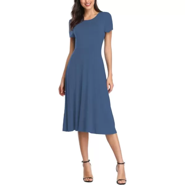 Urban CoCo Womens Vintage Short Sleeve High Waist Flared Midi Casual Summer DressIndigo Blue