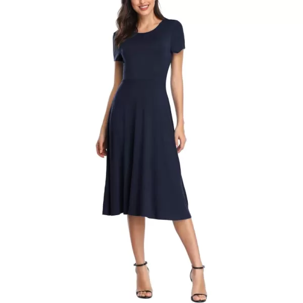 Urban CoCo Womens Vintage Short Sleeve High Waist Flared Midi Casual Summer DressNavy Blue