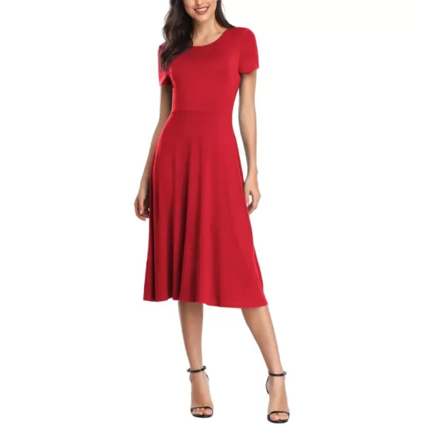 Urban CoCo Womens Vintage Short Sleeve High Waist Flared Midi Casual Summer DressRed