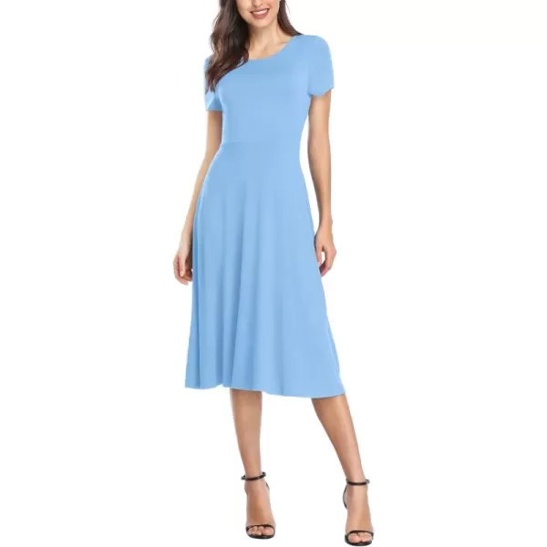 Urban CoCo Womens Vintage Short Sleeve High Waist Flared Midi Casual Summer DressSerenity Blue