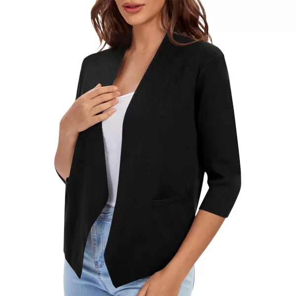 Urban CoCo Womens 34 Sleeve Cropped Open Front Cardigan Knit Lightweight V Neck Knit Bolero Shrugs with PocketsBlack