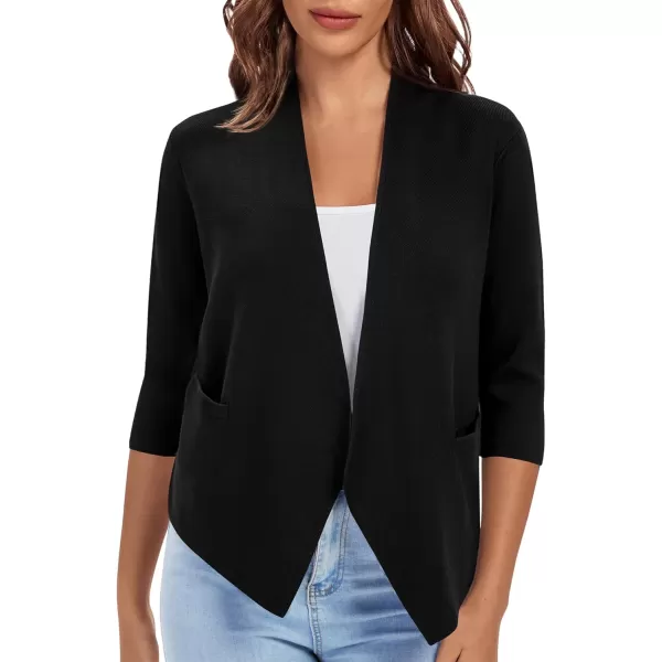 Urban CoCo Womens 34 Sleeve Cropped Open Front Cardigan Knit Lightweight V Neck Knit Bolero Shrugs with PocketsBlack