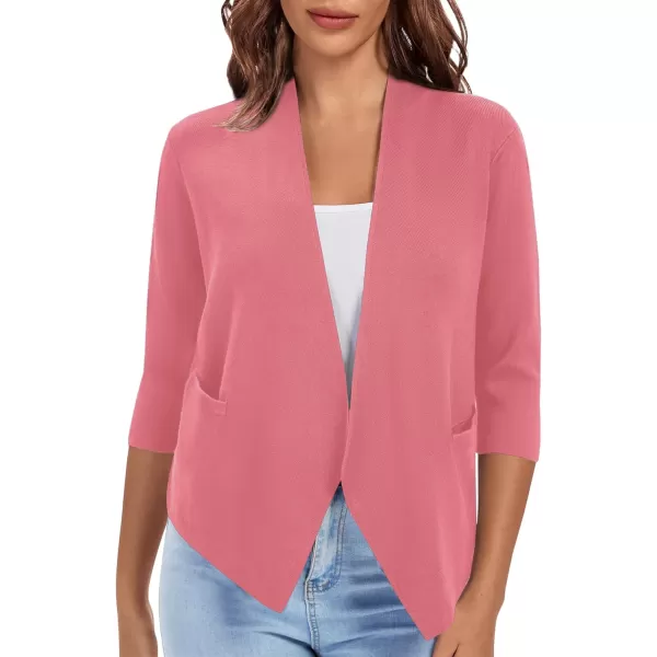 Urban CoCo Womens 34 Sleeve Cropped Open Front Cardigan Knit Lightweight V Neck Knit Bolero Shrugs with PocketsCoral