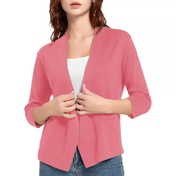 Urban CoCo Womens 34 Sleeve Cropped Open Front Cardigan Knit Lightweight V Neck Knit Bolero Shrugs with PocketsCoral